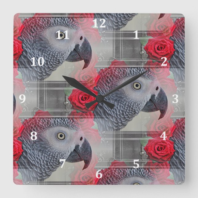 Horloge Carrée Dreamy African Grey with Red Roses (Recto)