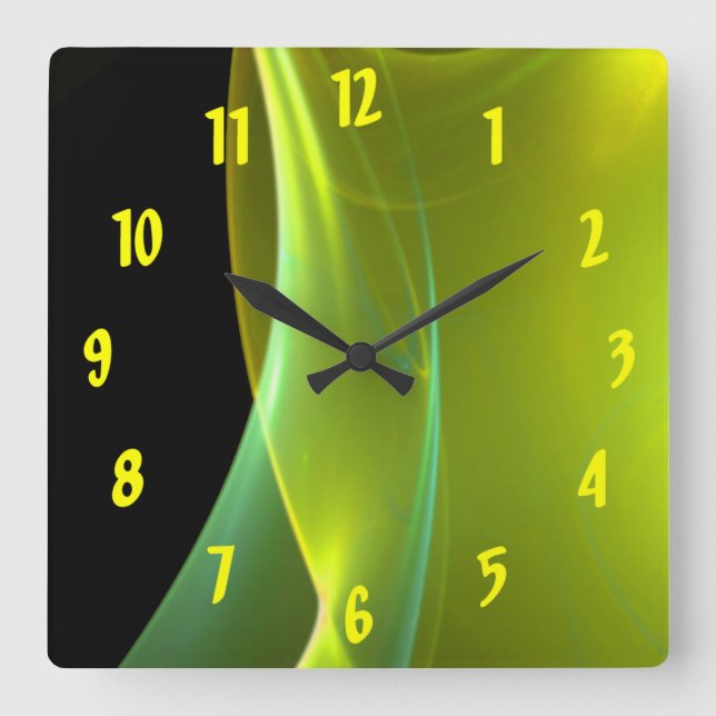 Horloge Carrée Dreamy Jaune et Vert Balayage Fractal (Recto)