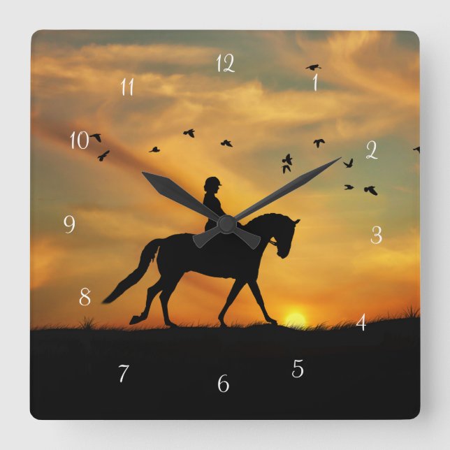 Horloge Carrée Dressage Rider et Cheval au coucher du soleil avec (Recto)