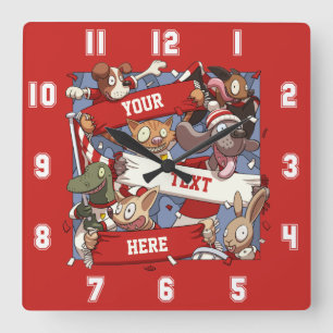 Horloge Carrée Drôle Animaux Ventilateurs Scarf Waving Cartoon