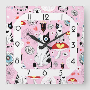 Horloge Carrée Drôle chat rose