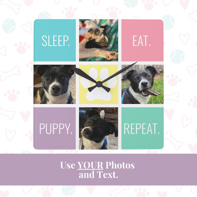 Horloge Carrée Drôle Chiot Dormir Manger Répéter Amoureux des chi (This dog mom custom photo and text clock is a cute, practical and unique gift for Mother's Day!)