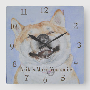 Horloge Carrée drôle de photo de akita chien souriant