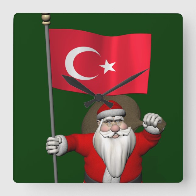 Horloge Carrée Drôle Père Noël Avec Drapeau De Turquie (Recto)