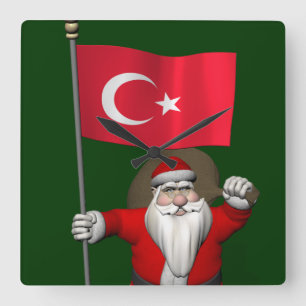 Horloge Carrée Drôle Père Noël Avec Drapeau De Turquie