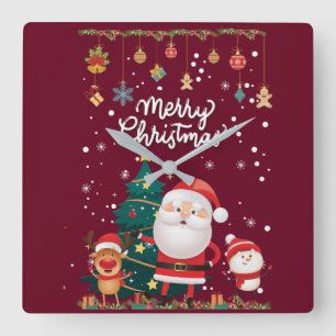 Horloge Carrée Drôle Père Noël, Snowman, Reindeer Joyeux Noël
