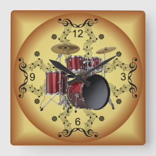 Horloge Carrée Drum Set ~ Musical Scroll ~ Golden Arrière - plan