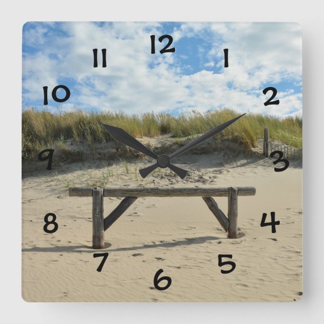 Horloge Carrée Dunes et clôture en bois - (Recto)