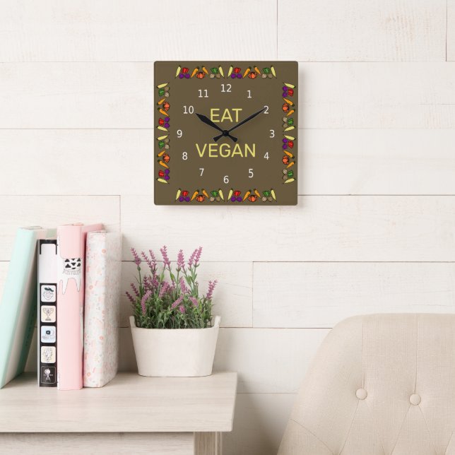 Horloge Carrée Eat Vegan, colourful vegetable design, your words (Salle de lecture)