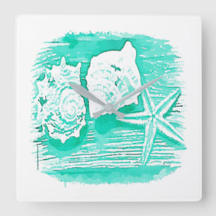 Horloge Carrée eau de la plage côtière coquillage turquoise étoil