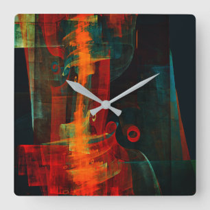 Horloge Carrée Eau Orange Rouge Bleu moderne Art Abstrait Motif