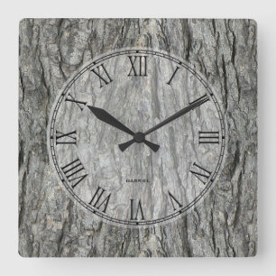 Horloge Carrée Écorce en bois rustique de tons de gris