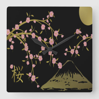 Horloge Carrée Écran noir rose Sakura or noir