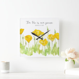 Horloge Carrée Écriture Biblique Pavots de Californie Il est Notr