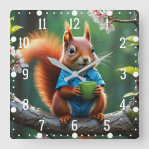 Horloge Carrée Écureuil mignon assis sur la branche de l'arbre
