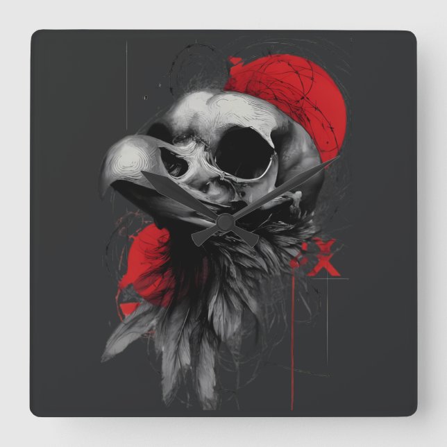 Horloge Carrée Edgy Crow Skull Gothic Grunge Wall Clock (Recto)
