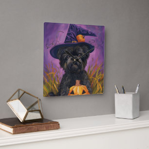 Horloge Carrée Éffrayant Affenpinscher Halloween sorcière et Citr