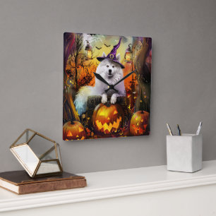 Horloge Carrée Éffrayant Samoyed Chien Halloween sorcière et Citr