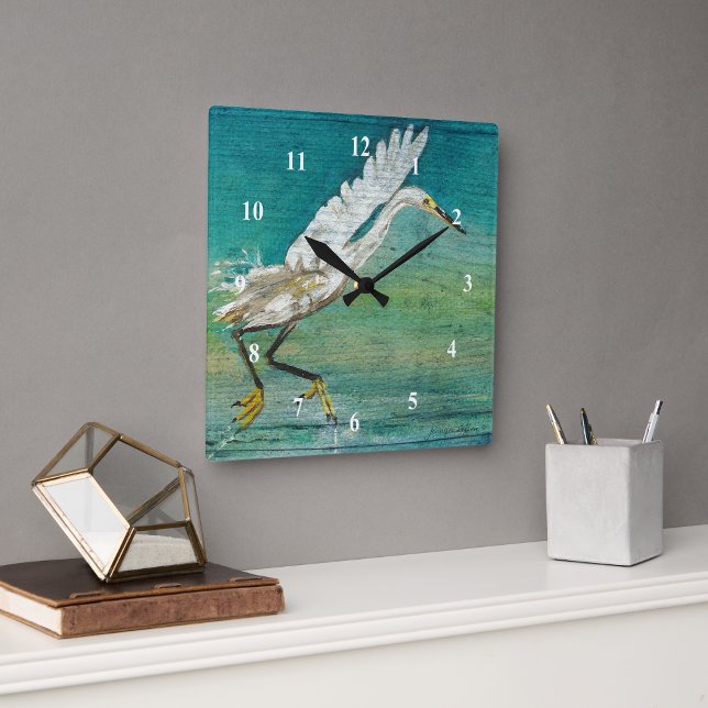 Horloge Carrée Egret Beach House Art (Gorgeous Egret Shorebird On Water Art Wall Clock From Jenn's Emporium. )