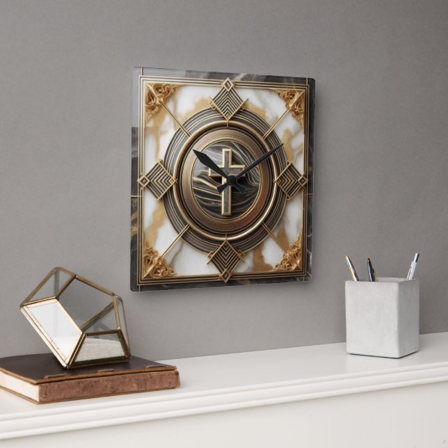 Horloge Carrée Élégance dans l'Absolution Croix sur Marbre avec D (Bureau)