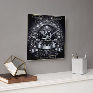 Horloge Carrée Élégance d'Argent : 25e Anniversaire