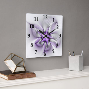 Horloge Carrée Élégance florale Art Abstrait Violet Fractal moder