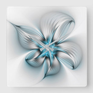 Horloge Carrée Élégance florale Art moderne Abstrait bleu fractal