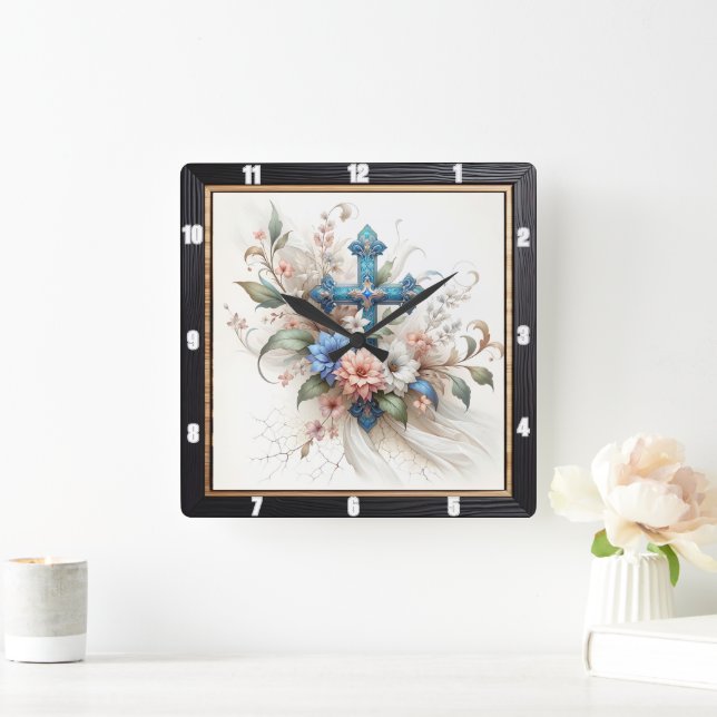 Horloge Carrée Élégance florale croisée (Maison)