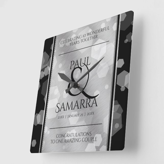 Horloge Carrée Élégant 10ème Tin Mariage Anniversaire Acrylique (Angle)