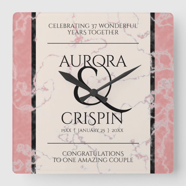 Horloge Carrée Élégant 37e anniversaire du Mariage Alabaster (Recto)