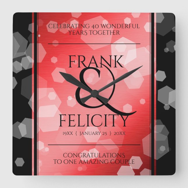 Horloge Carrée Élégant 40ème 80ème anniversaire de Ruby Mariage (Recto)