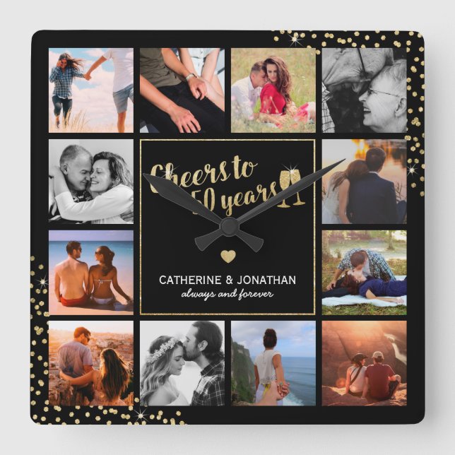 Horloge Carrée Élégant 50e anniversaire d'or photo (Recto)