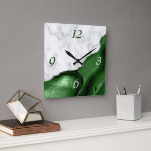 Horloge Carrée Elégant Agate Vert Parties scintillant Argent Marb