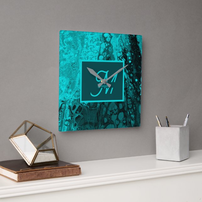 Horloge Carrée Elégant Aqua Turquoise bold Script Monogramme (Bureau)