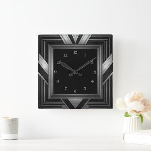 Horloge Carrée Élégant Argent Noir Art Déco