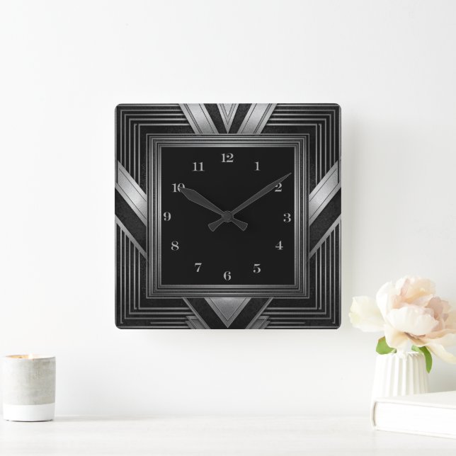 Horloge Carrée Élégant Argent Noir Art Déco (Maison)