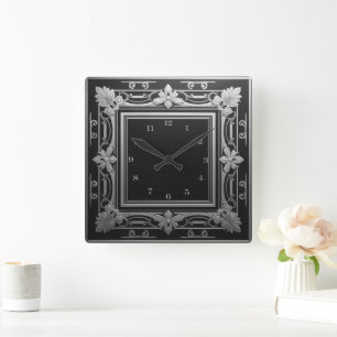 Horloge Carrée Élégant Art Déco Argent Noir