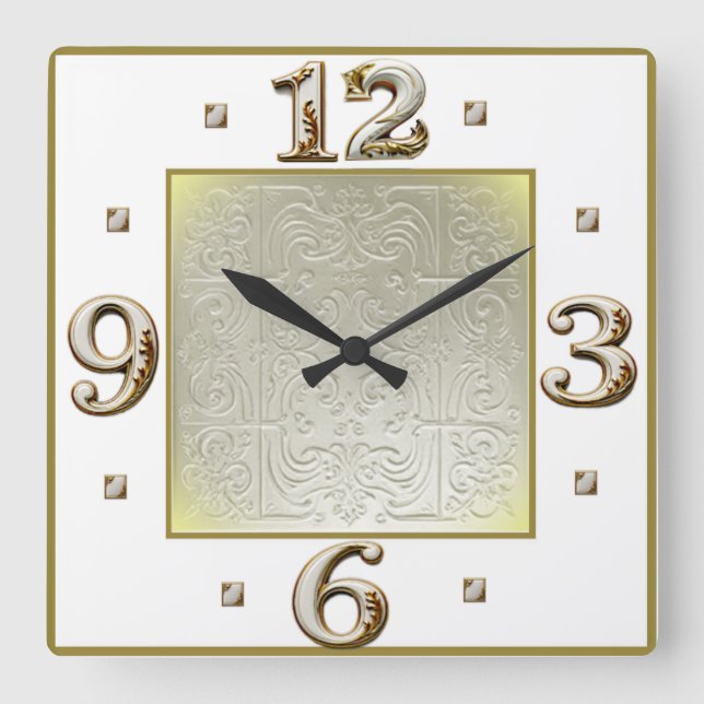 Horloge Carrée Élégant Art Déco Blanc (Recto)