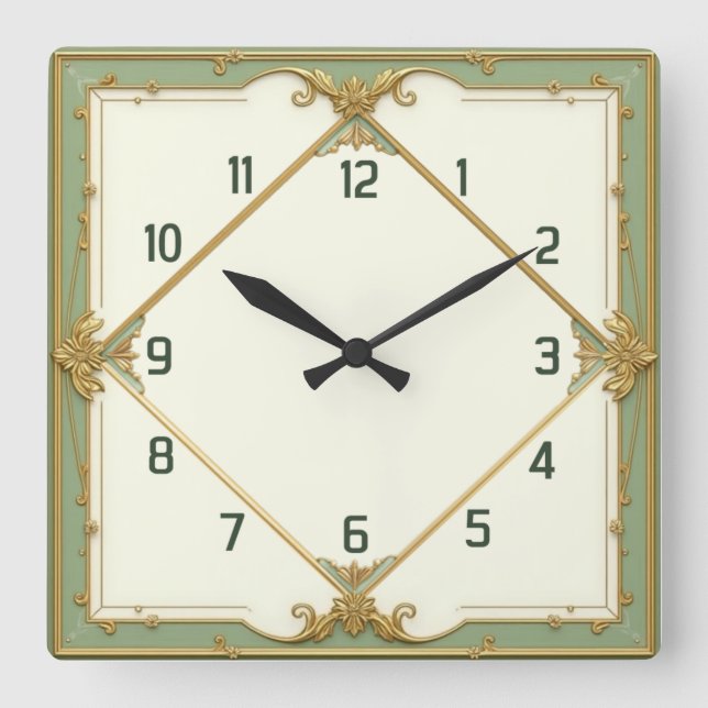 Horloge Carrée Élégant Art Déco Menthe (Recto)