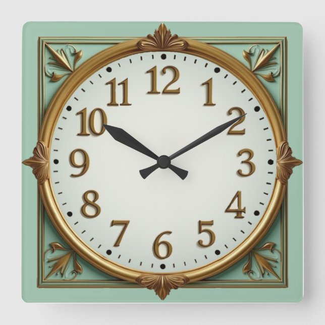 Horloge Carrée Élégant Art Déco Menthe (Recto)