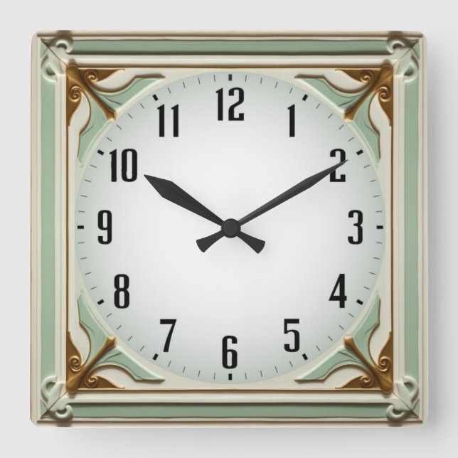 Horloge Carrée Élégant Art Déco Menthe (Recto)