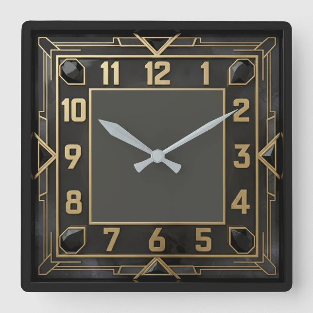 Horloge Carrée Élégant Art Déco Noir (Recto)