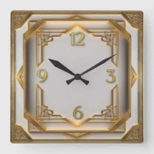 Horloge Carrée Élégant Art Déco Or