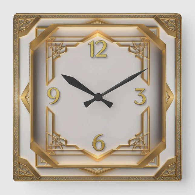 Horloge Carrée Élégant Art Déco Or (Recto)