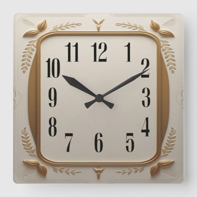 Horloge Carrée Élégant Art Déco Or (Recto)