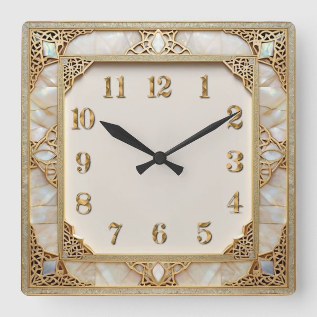 Horloge Carrée Élégant Art Déco Or (Recto)