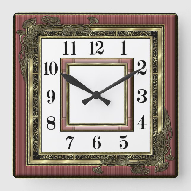 Horloge Carrée Élégant Art Déco Rose (Recto)