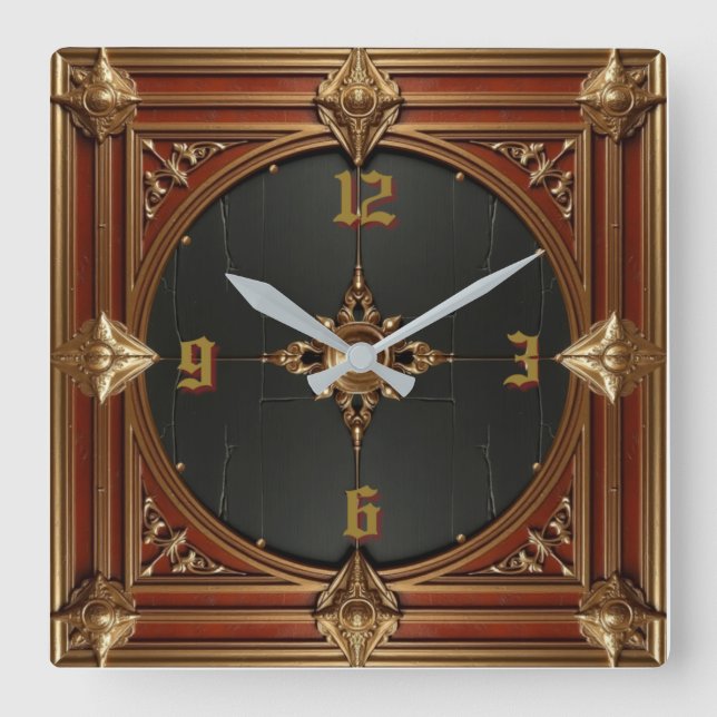 Horloge Carrée Élégant Art Déco Rouge (Recto)