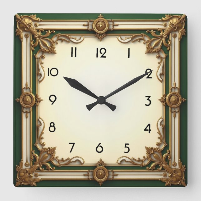 Horloge Carrée Élégant Art Déco Vert  (Recto)