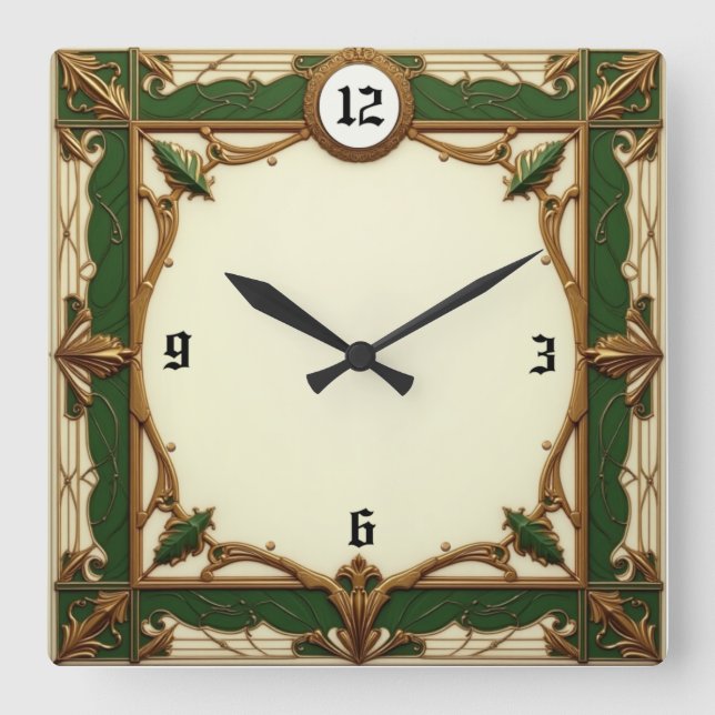 Horloge Carrée Élégant Art Déco vert (Recto)